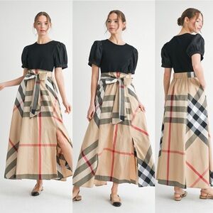 Black beige plaid scuba checkered tie boho western ruffle pocket maxi dress